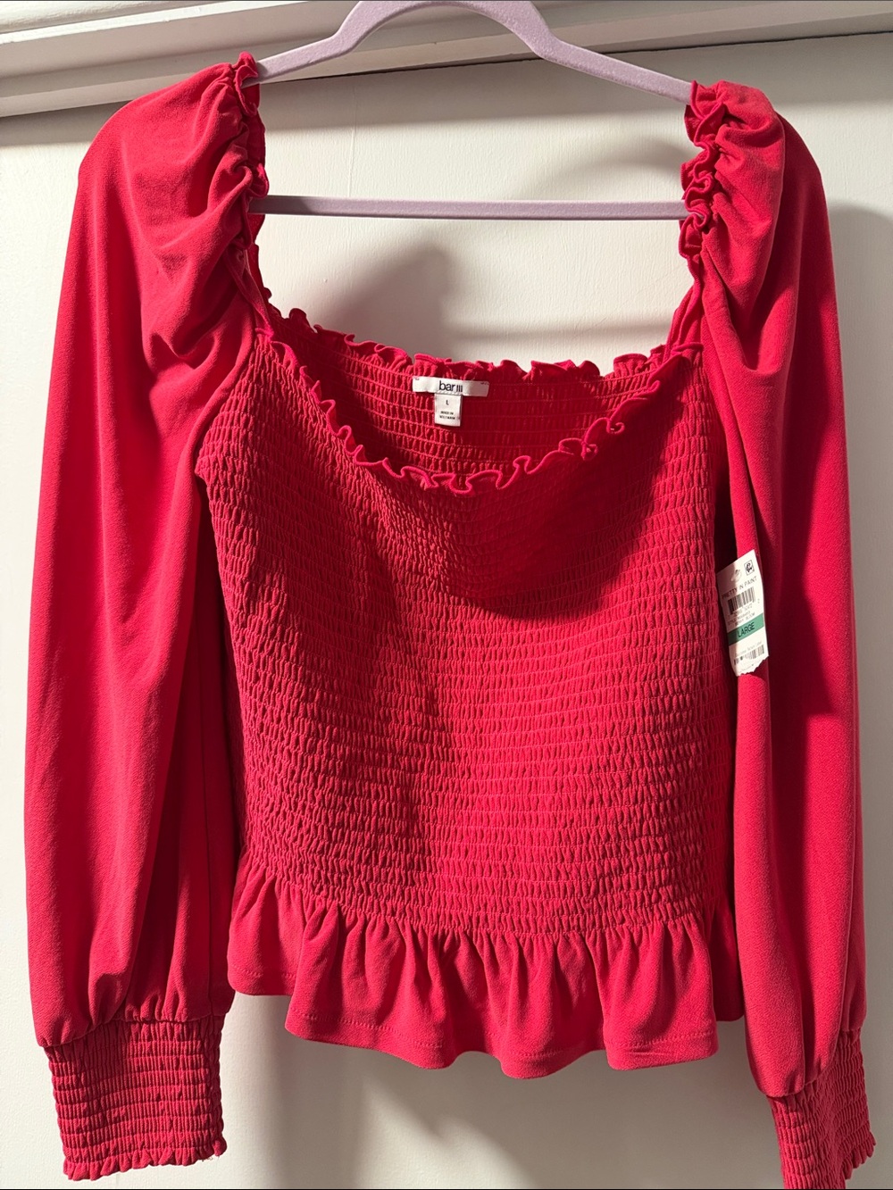 Bar lll Pink Long-Sleeve Smocked Peplum Top